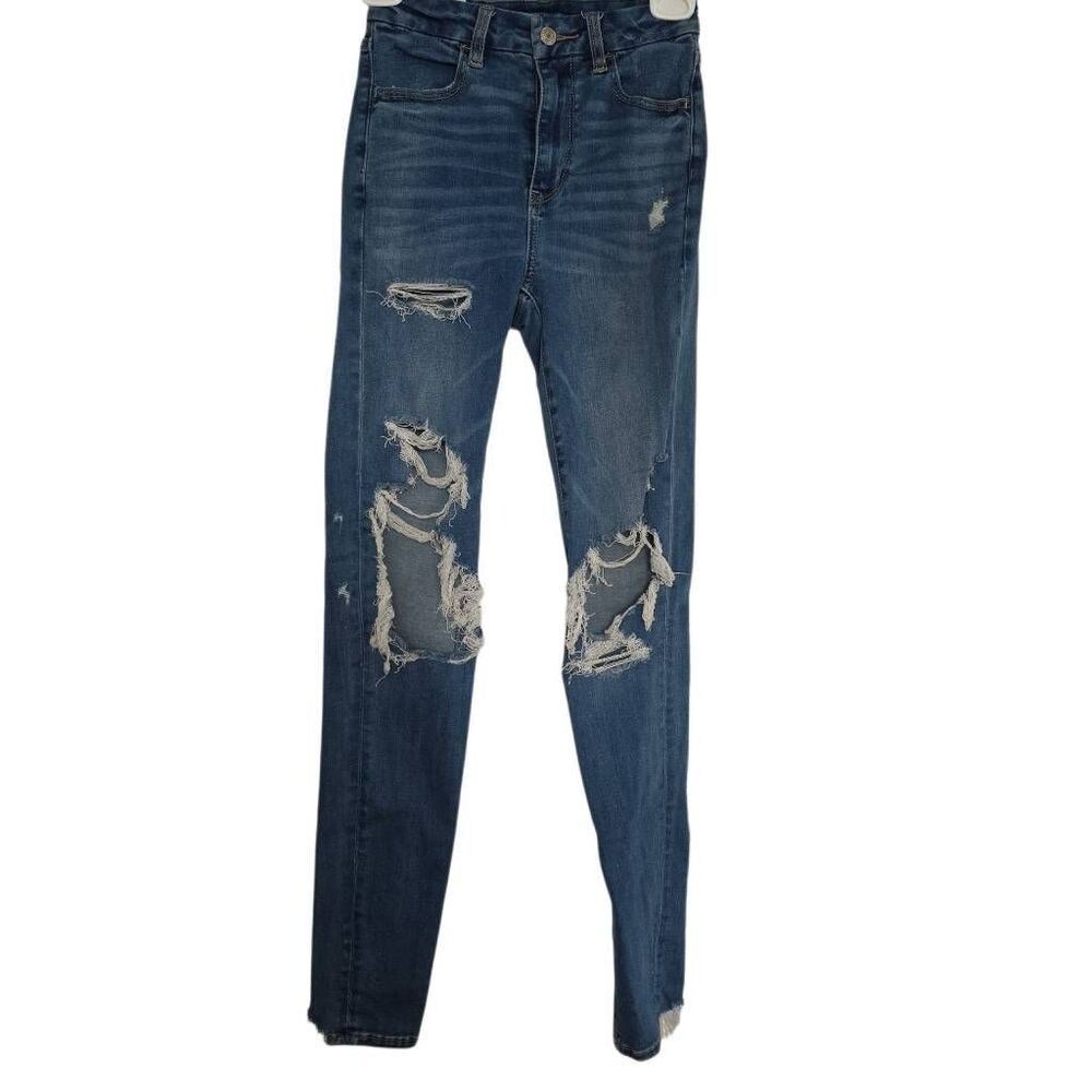 American Eagle Women's Size 0 Long Blue Curvy Super Hi-Rise Distressed Jeggings